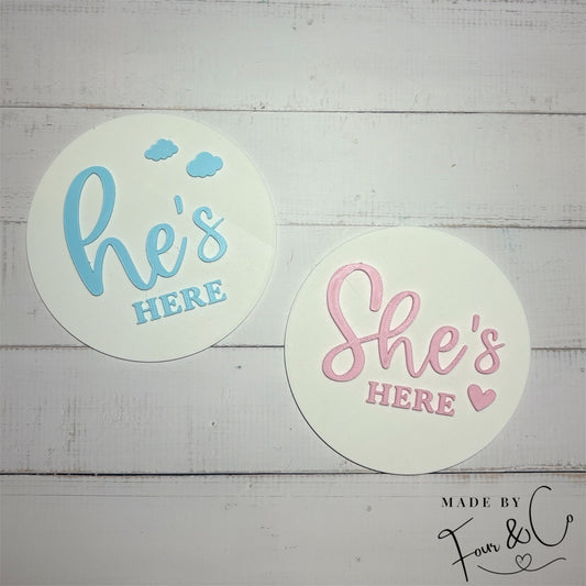 Baby Announcement Disc | He's Here / She's Here Birth Plaque